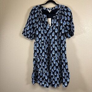 NWT Crown & Ivy Peasant Dress Size 1X Blue Paisley Swiss Dots Tiered Casual